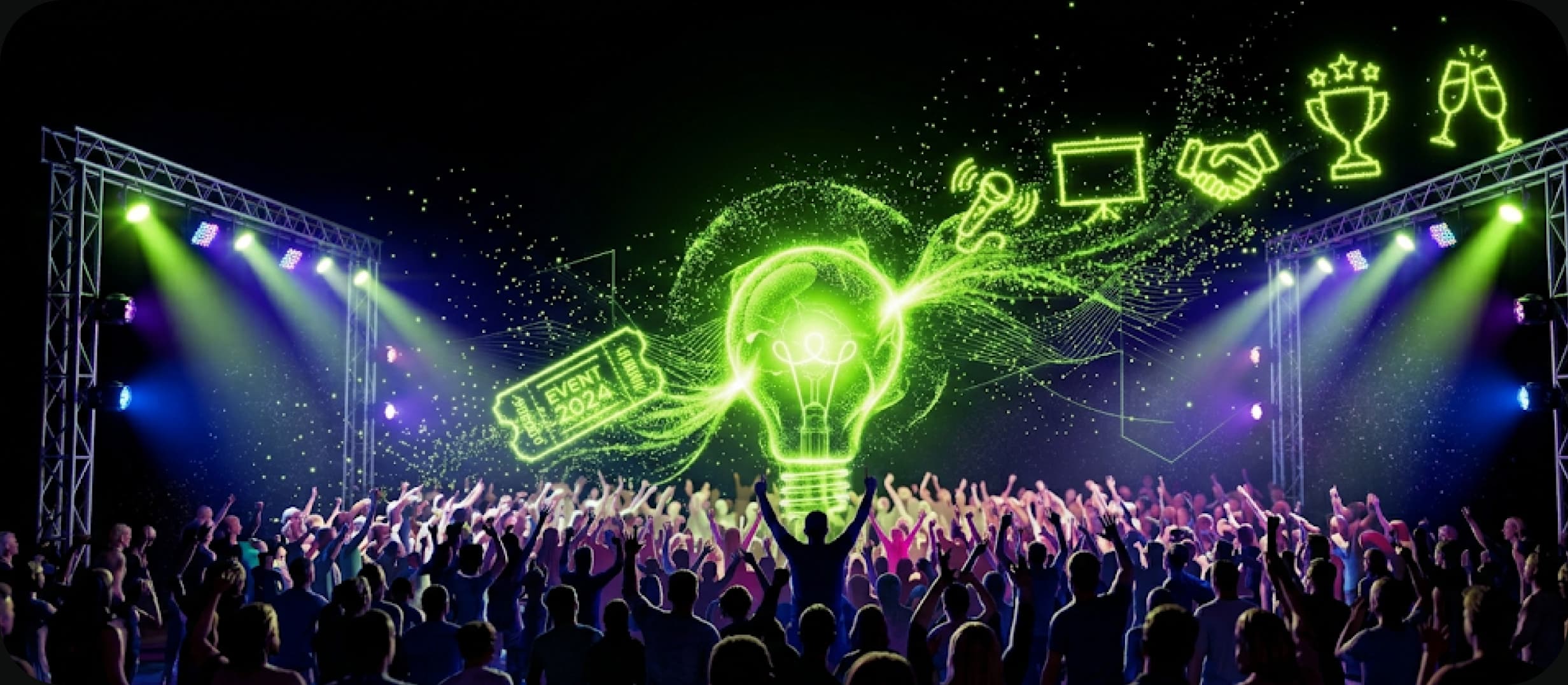 A vibrant concert crowd lit up under stage lights