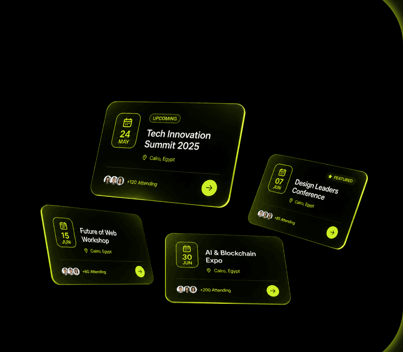 Floating event cards: Tech Innovation Summit 2025, Design Leaders Conference, Future of Web Workshop, and AI & Blockchain Expo